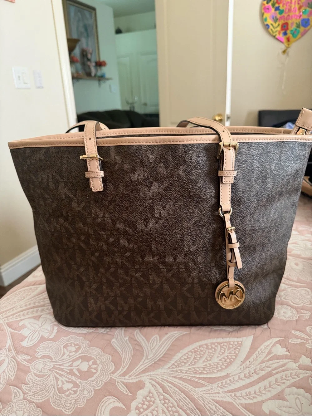 Michael Kors Brown Tote with Blush Trim and Gold Charm